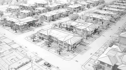 A 3D rendering of a residential neighborhood blueprint.