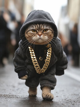 A hip and trendy common tabby cat posing for the camera  and dressed as a hip hop rap star.
