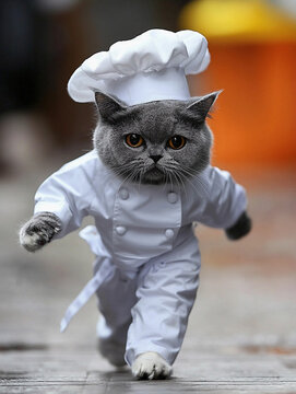 A full chef outfit being modelled by an upright common tabby cat..