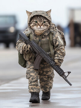 A determined and upright common tabby cat marching in military cammo outfit.