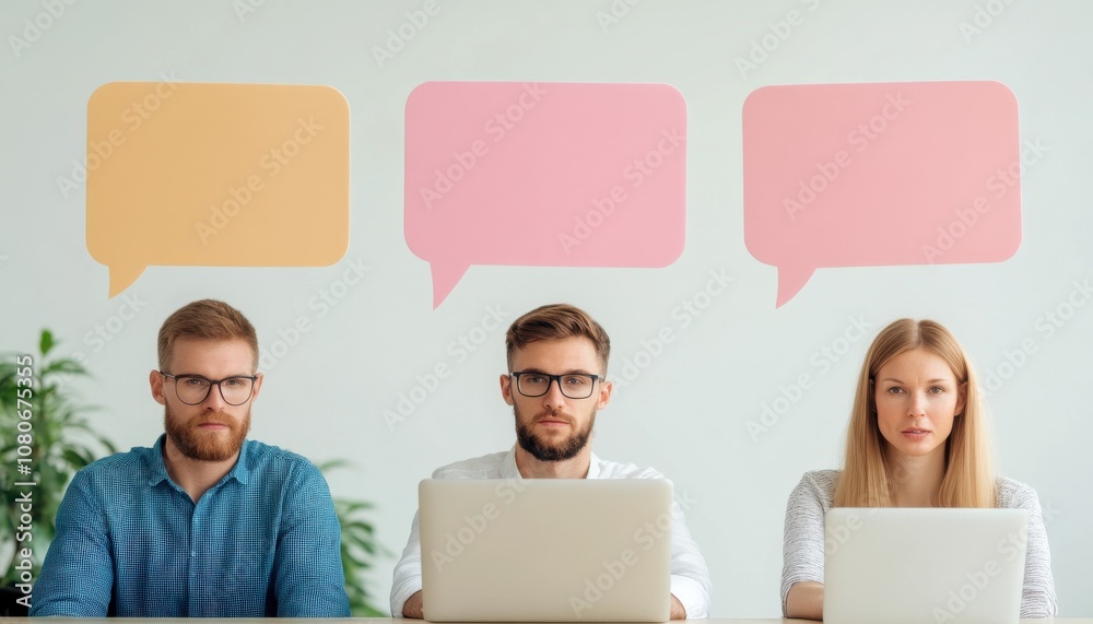 Poster a group of three people sitting at laptops with colorful speech bubbles above them, suggesting conve