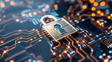 Close-up of a metallic lock symbol embedded on a circuit board, illustrating cybersecurity, data protection, and secure technology infrastructure.