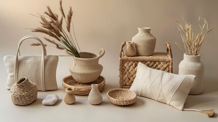 A collection of  neutral-toned home decor items, including woven baskets, vases, and a pillow, arranged on a neutral background.