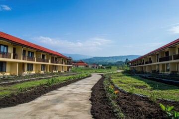 Obraz premium Scenic view of a resort with pathways and landscaped gardens under a clear blue sky.
