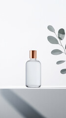 Minimalist serum bottle with metallic lid, placed against clean white background, complemented by subtle green leaf. This elegant setup evokes sense of freshness and simplicity