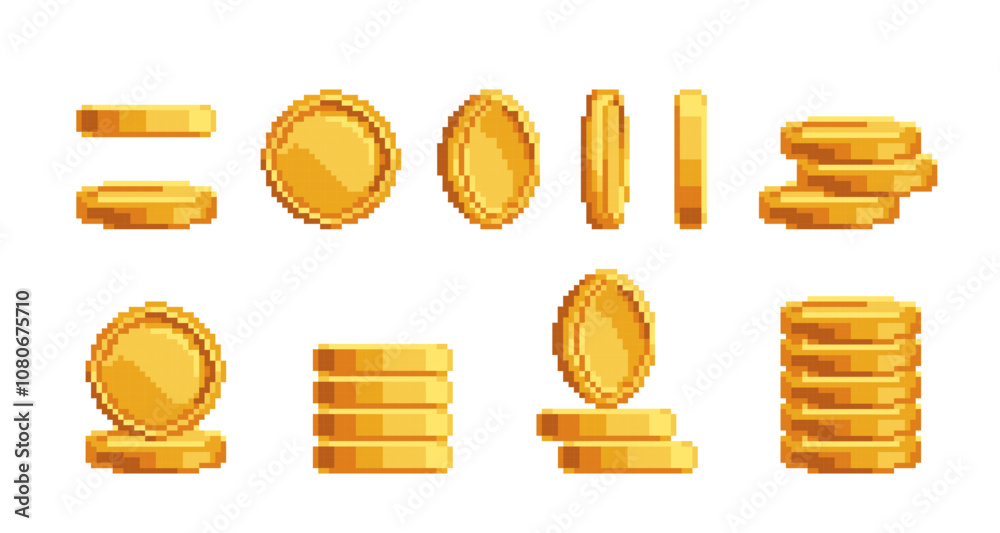 Wall mural Cartoon Different Golden Coin Set Pixel Art Concept Flat Design Style. Vector illustration of Pixelated Gold Coins