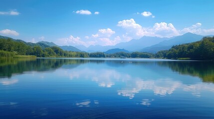 Calm lake with mountain reflection on a sunny day.