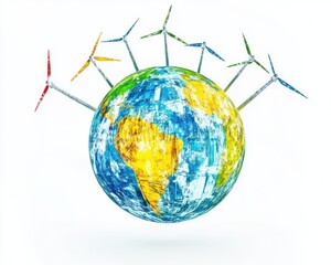 Naklejka premium Colorful Earth with wind turbines symbolizing renewable energy, white isolate background.