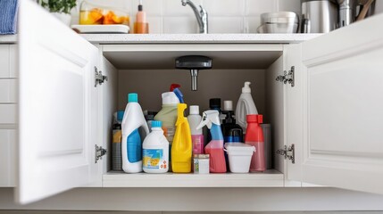 Open cabinet with a variety of cleaning supplies neatly arranged.