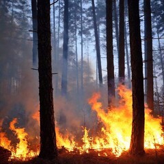 A high-resolution ultrarealistic image of a forest fire. The digital photograph captures the intense flames consuming the underbrush and lower branches. Tall, narrow trees devoid of leaves create a sk