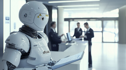 Robot Inspecting Government Office with AI Officials Processing Paperwork