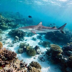 Naklejka premium Long Shot (LS) of a hammerhead shark gliding above a coral reef, with rack focus transitioning between the shark and the reef