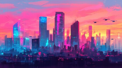 A futuristic city skyline at sunset, filled with towering holographic buildings, glowing neon lights, and flying cars, [cyberpunk], [neon], [digital painting], [high detail, vibran