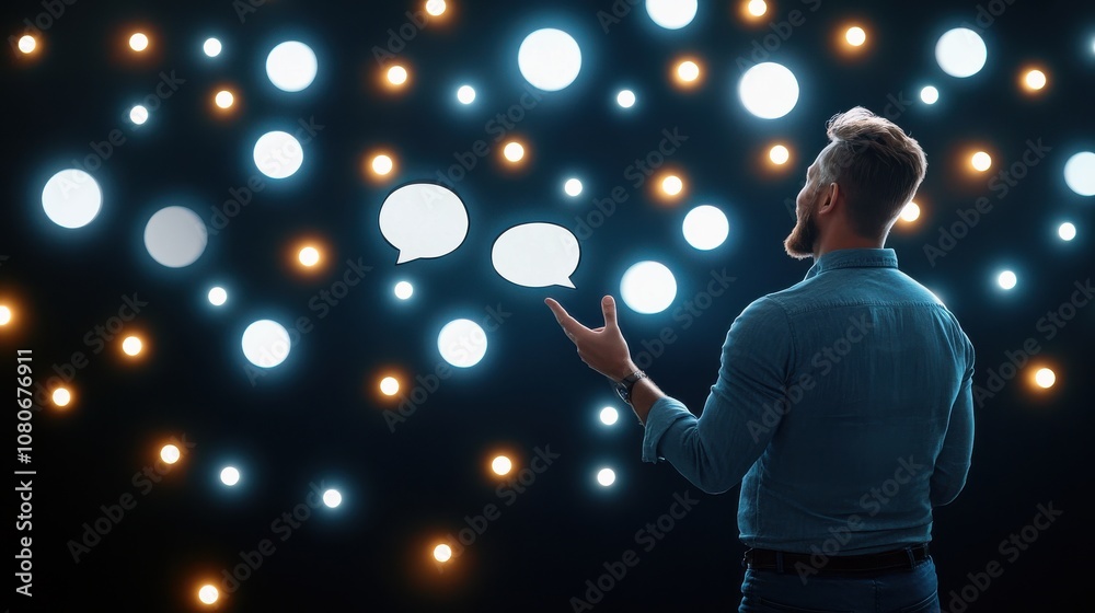 Poster A man stands in front of glowing light orbs, appearing contemplative and engaged in thought or communication.