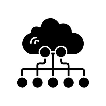 Abstract illustration of cloud computing concept with network connections and data flow represented by stylized lines and nodes against a simple white background