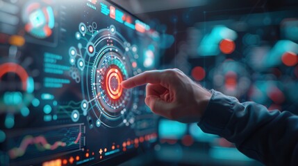 Close-up of an engineer's hand interacting with a futuristic touchscreen interface, focusing on a circular control panel displaying advanced data analytics.