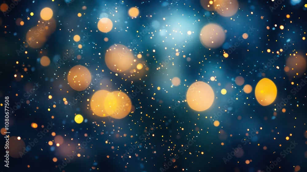 Poster abstract blue background with golden bokeh and sparkles.