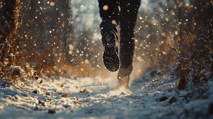 Runner on snowy trail, embracing winter's challenge.