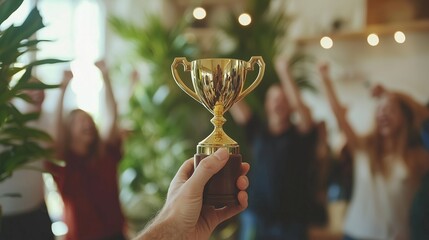 A hand holding a trophy with cheering people in the background, symbolizing employee recognition and celebration.
