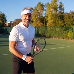 Close-up of a grey-haired senior male tennis player with a warm smile, wearing modern tennis gear. He stands on the court with his racket in hand, his face reflecting the joy and experience of a long 
