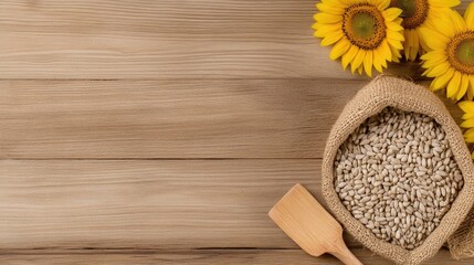 Fototapeta premium Sunflower seeds in a rustic jute bag with a wooden shovel beside vibrant sunflowers on a wooden table setting