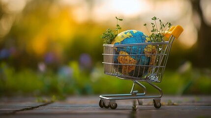 Mini shopping cart with globe and plants symbolizes sustainable consumer choices.