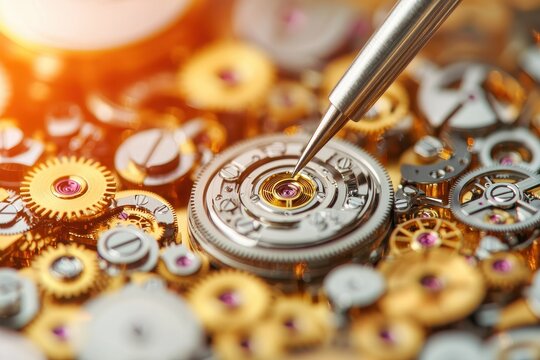 Assembly of luxury watches in a precision workshop, fine details, metallic components, craftsmanship and technology blend. [Luxury Goods, Precision Manufacturing]