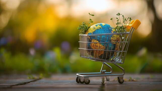 Mini shopping cart with globe and plants symbolizes sustainable consumer choices.