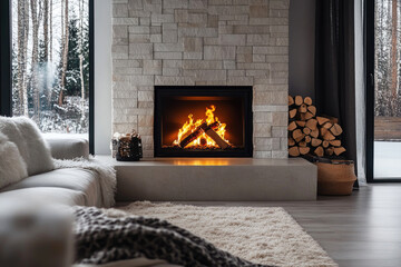 Minimalist living room interior with with burning fire in modern fireplace 