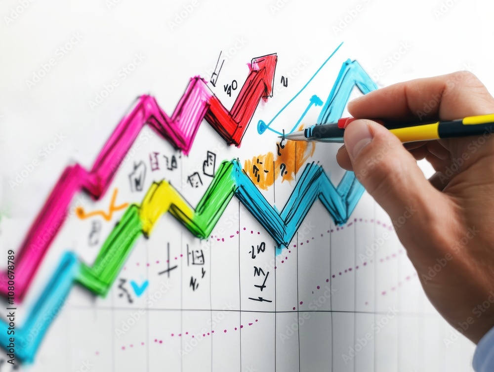Aufkleber a hand draws colorful zigzag arrows on a graph, symbolizing data analysis, trends, and market moveme