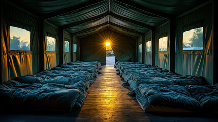 Fototapeta premium Sunset illuminating cozy sleeping bags inside tent
