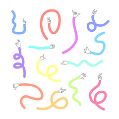 Obraz premium Cartoon Color Different Funny Long Hands Pointers or Indicators Set. Vector illustration of Flexible Color Arms