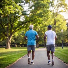 Fototapeta premium A rear-view eye-level shot of black male seniors running in the park. Their vintage jogging outfits and the deep focus on the background trees give the scene a retro feel, capturing both movement and 