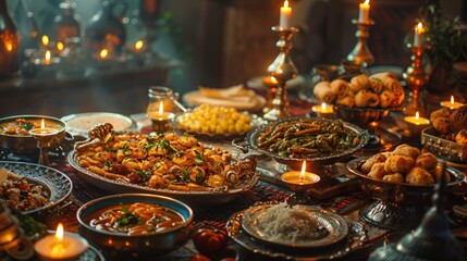 A traditional Indian feast with various dishes served on a rustic wooden table with candlelight.
