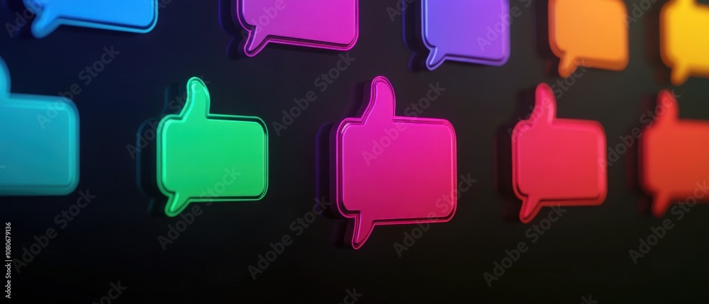 Poster colorful chat icons on a dark background, representing communication and digital interaction.