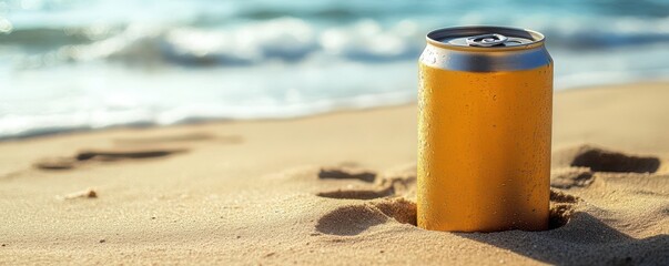 Blank beer can on beach sand, waves in background, tropical sunlight, mockup, refreshing product visual