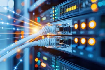 Detailed close-up of Ethernet network cables connected to server ports in a data center, with glowing LED lights and fiber optic effects in the background.