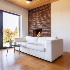 Fototapeta premium A Scandinavian-style living room featuring a white corner sofa near a cozy fireplace, with minimalist decor and a warm atmosphere.