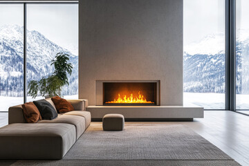 Obraz premium Minimalist living room interior with with burning fire in modern fireplace 
