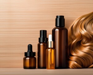 Naklejka premium The image features various amber glass bottles of hair care products alongside a luxurious golden hair strand on a wooden surface.