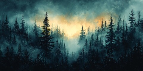 Naklejka premium A serene winter woodland scene with misty silhouettes, perfect for winter-themed textiles or decor, evoking tranquility and nature's beauty.