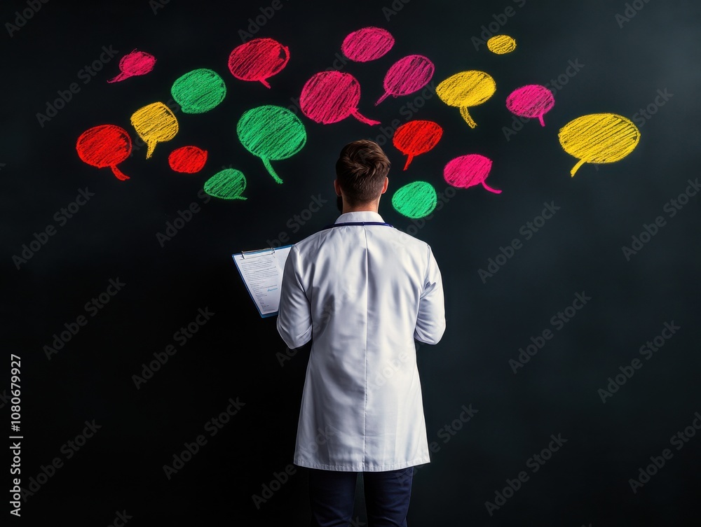 Poster A person in a lab coat writes notes while colorful speech bubbles adorn a dark background, suggesting communication and ideas in a creative environment.