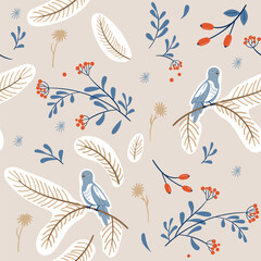Winter Christmas pattern with  dry vegetation, rowan, rose hips and coniferous branches. Cute light seamless pattern. Vector illustration