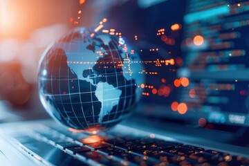 Holographic globe on a laptop keyboard representing global connectivity, data flow, and digital communication in a high-tech environment.
