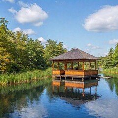 Fototapeta premium Floating pavilion made of reclaimed wood, integrated into wetlands area, with walkways leading through lush vegetation.
