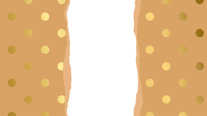 Packaging kraft paper with golden polka dots torn into 2 parts isolated on transparent background. Christmas new year wrapping sheet. Empty page with uneven edges. Template for textbox sale collage. 
