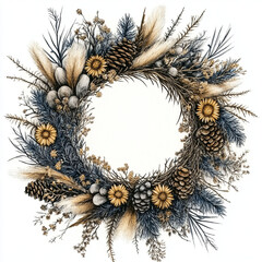 Fototapeta premium Wreath of flower bouquets in yellow and blue tones, autumn flowers, dried flowers, wild flowers.