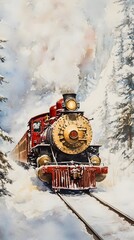 An enchanting watercolor illustration of an old-fashioned steam train chugging through the snowy countryside, surrounded by towering evergreen trees and white snowflakes falling gently from the sky