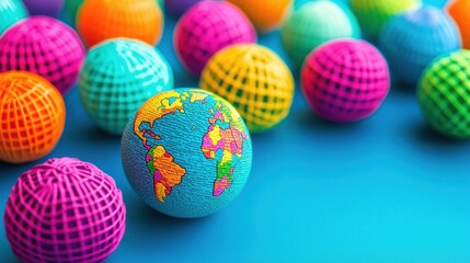 Colorful mesh balls with a globe stress ball on blue background