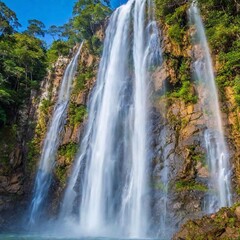 Obraz premium Rainbow Waterfall: A long shot of a waterfall flowing with rainbow colors, viewed from below.